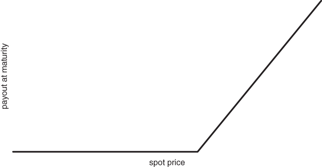 A geometric diagram of the payout curve of a call at maturity with spot price marked at the bottom of horizontal portion of the curve and payout at maturity marked at the vertical portion of it.